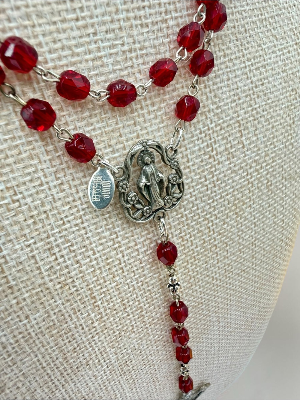 Donna Dressler Sterling Silver Ruby Crystal Rosary Crucifix VTG Tagged 26” w 6”D - Picture 6 of 17